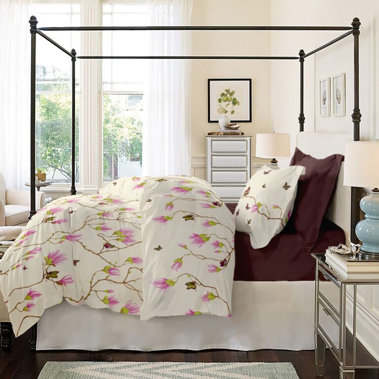 Lenjerie pat Renforce 100% bumbac, desen Magnolia v.1 Moka